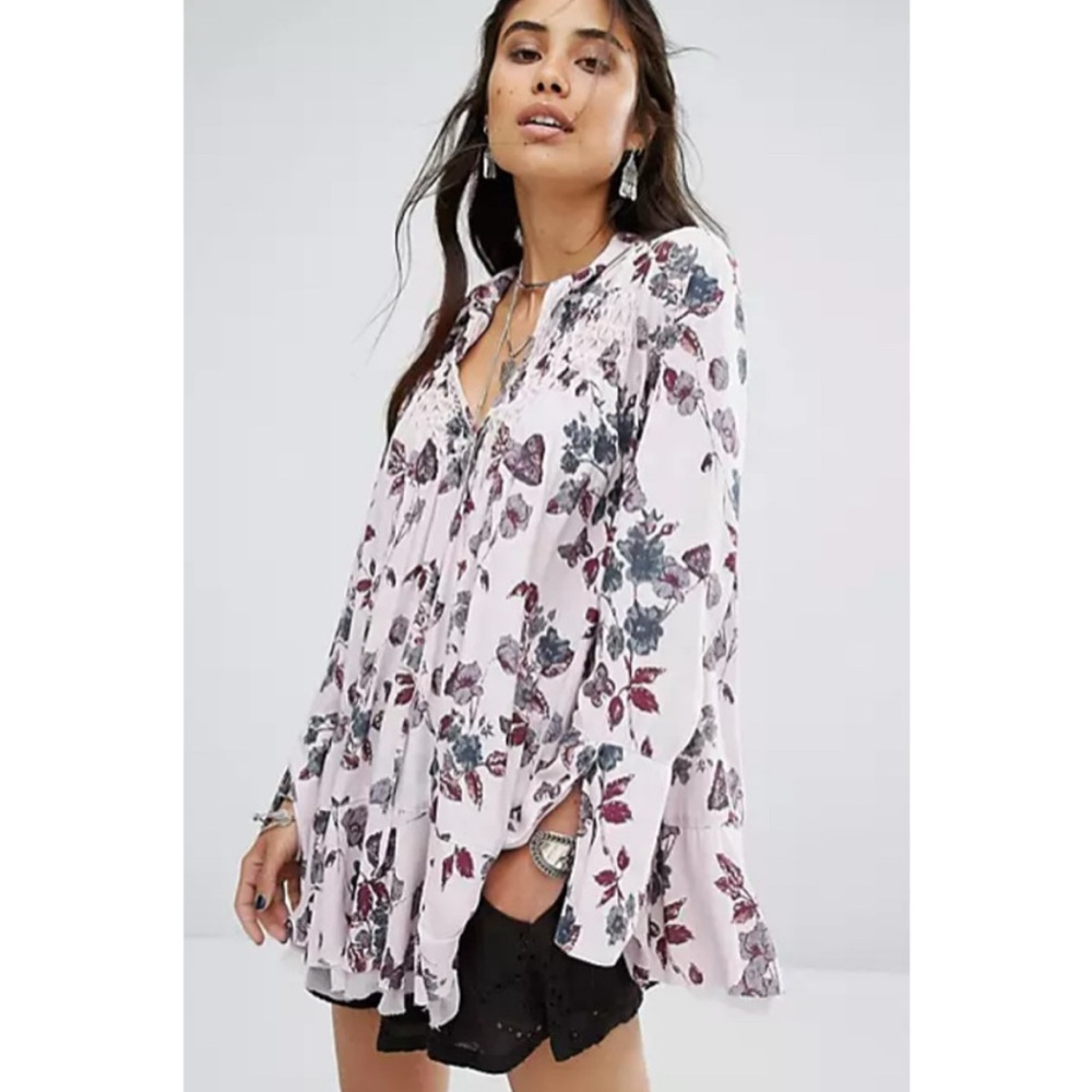 NEW NWT Free People Top Pebble Crepe So Fine Smocked Tunic Floral